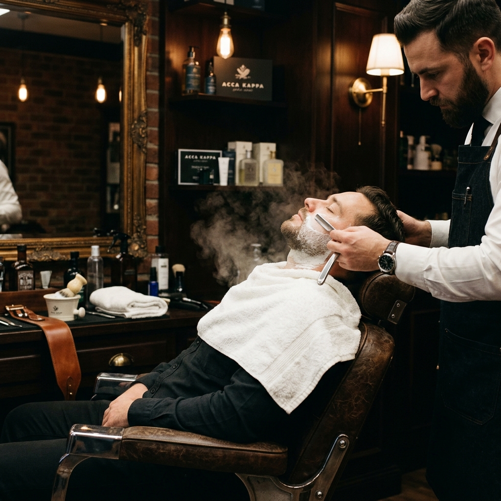Barber performing a hot towel straight razor shave at The Trim Town Studio